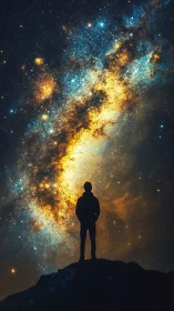 Silhouette before galactic nebula in vertical digital painting.