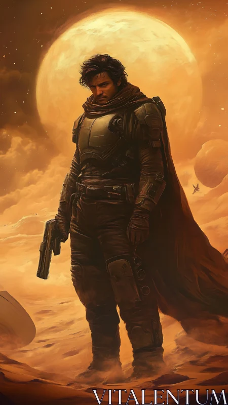 Armored space wanderer standing in harsh desert storm.