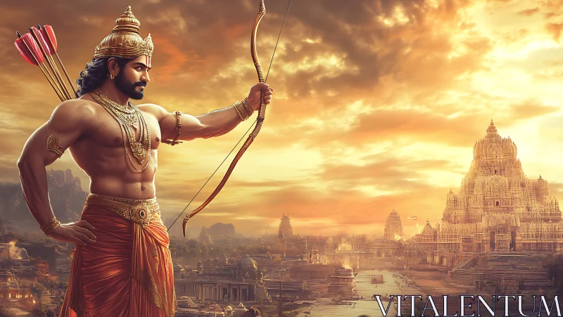 Sunlit warrior archer guarding a golden mythic temple city.