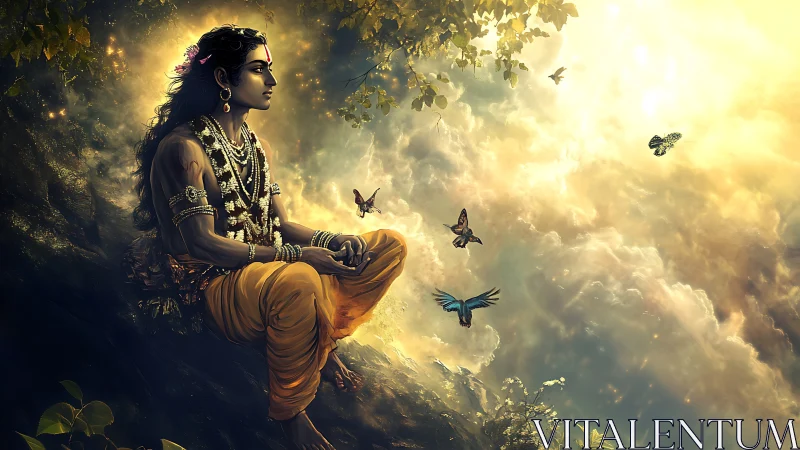 Gentle deity rests in golden light among birds and clouds