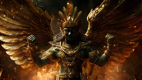 Mythic winged guardian in blazing gold armor stands triumphant.