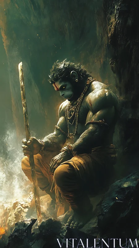 Mythic simian warrior meditating in cavern firelight with staff