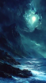 Luminous full moon over storm-tossed coastal cliffs at night
