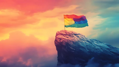 Rainbow pride flag ripples over sunlit mountain peak