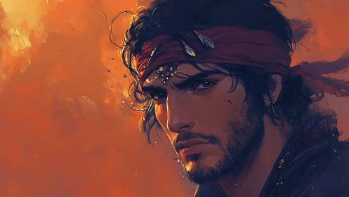 Chromatic portrait of bandanaed wanderer in ember light.