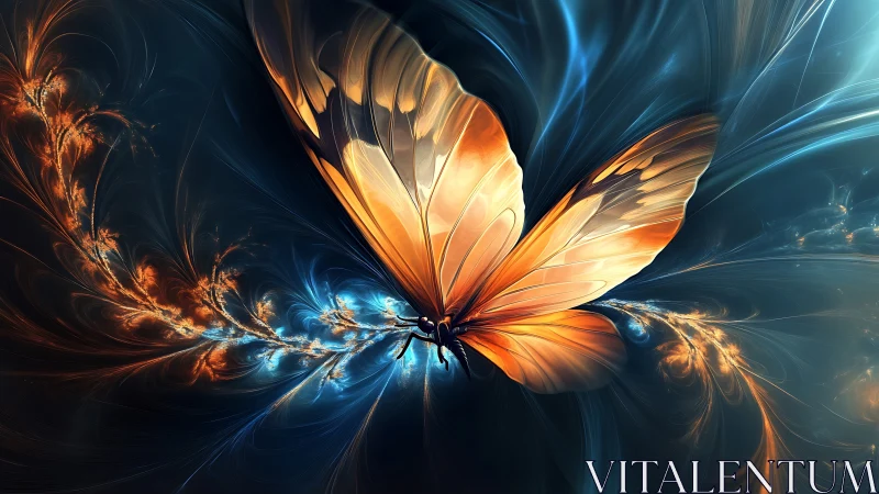 Luminous butterfly drifting through glowing twilight swirls.