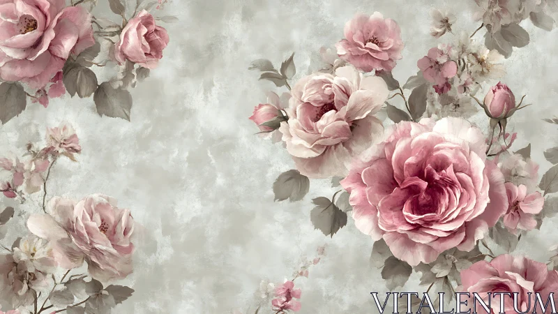 Soft-Focus Vintage Peonies and Garden Roses on Textured Plaster.