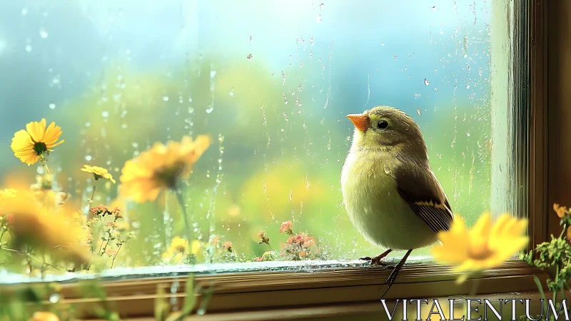 Songbird on rainy window ledge framed by yellow wildflowers