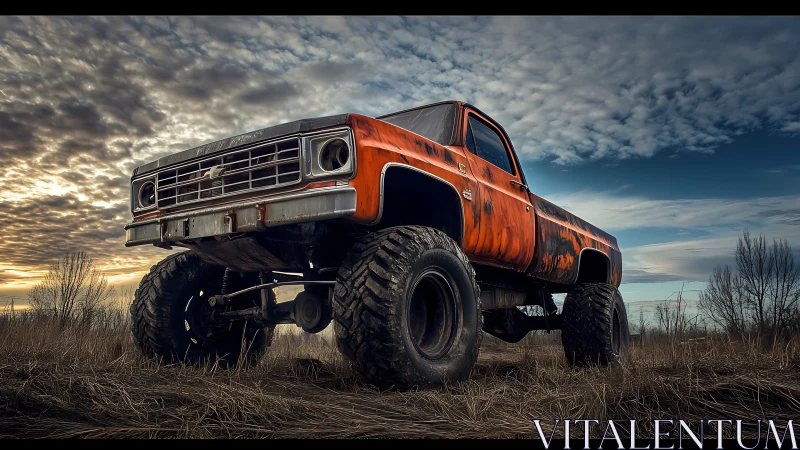 Lifted orange off-road truck dominates a moody rural sunset