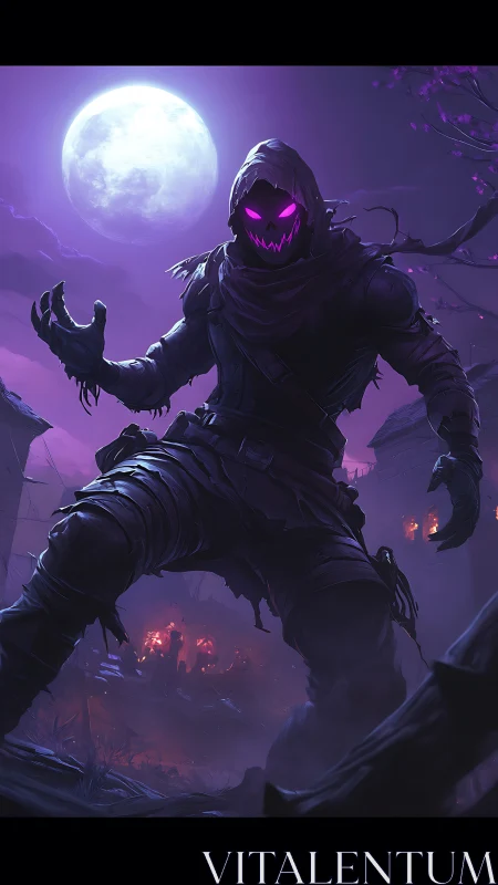 Sinister hooded wraith stalks a burning village at moonrise.