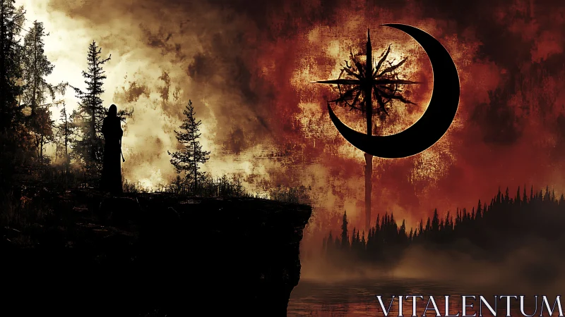 Dark fantasy shoreline with eclipsed crescent sigil skyward.