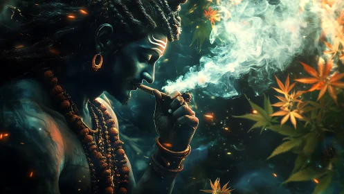 Divine yogi in glowing smoke with luminous autumn leaves.