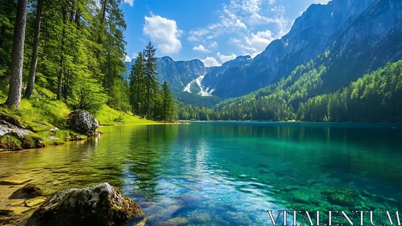 Mountain lake with clear water, forest and rocky peaks.