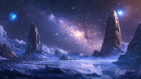 Starlit ice spires guard a luminous galactic river. Period.