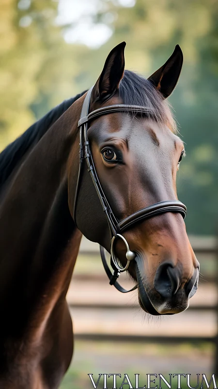 Elegant bay horse gazes calmly in soft morning pasture light.