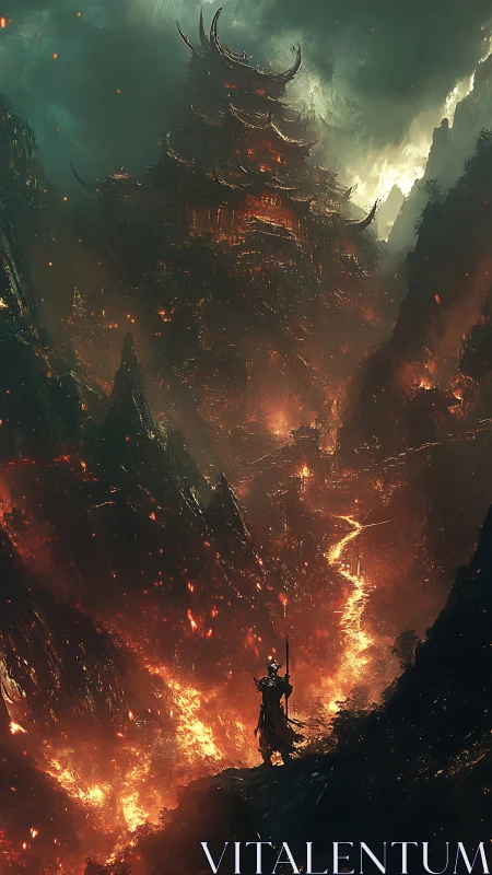 Lone warrior confronts a burning demonic citadel in chaos