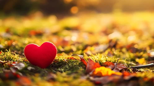 Red heart rests on moss with autumn leaves background