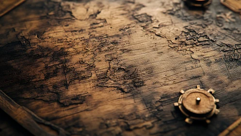 Weathered nautical world map shows engraved ocean routes
