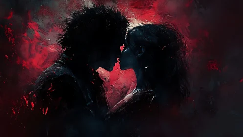 Two souls sharing an intimate moment in glowing red light.