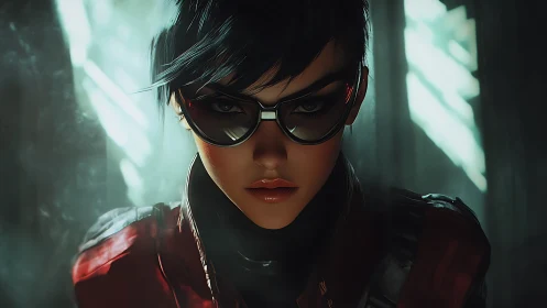 Cyber operative portrait with reflective visor lighting effect.