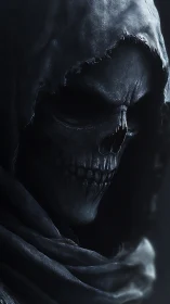 Hooded skeletal entity rendered with high-contrast volumetric lighting