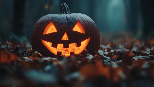 Grinning forest jack o’lantern basking in eerie emberlight.