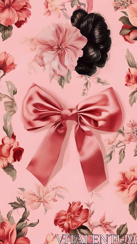 Pink satin bow over floral pattern with dark hair motif.