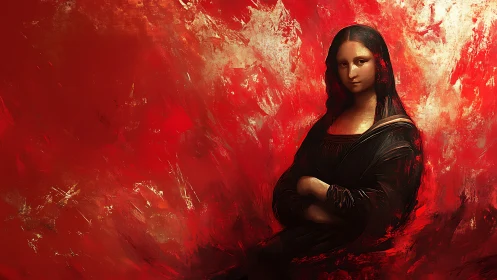 Portrait figure set against highly textured red abstract field