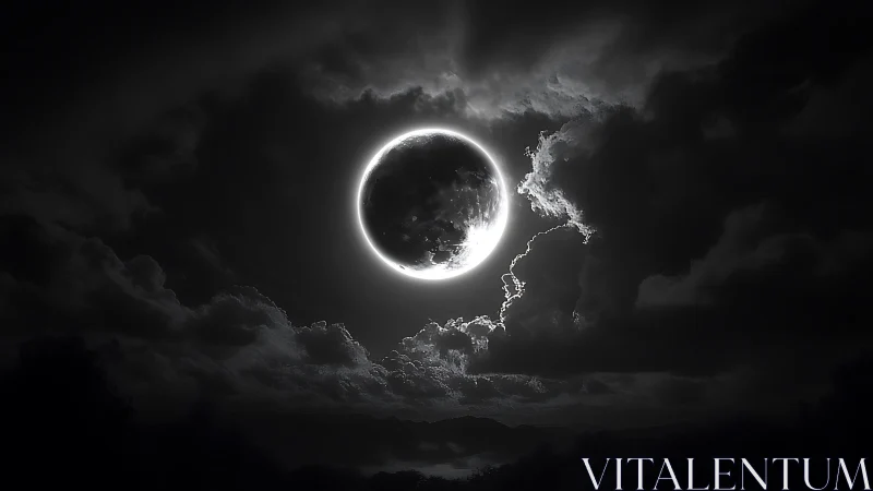 Backlit lunar eclipse framed by high-contrast cumulonimbus clouds