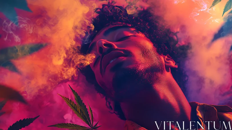 Man exhales neon smoke amid cannabis leaves and glow.