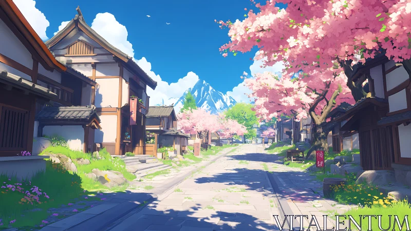 Quiet spring street under drifting cherry blossoms in bloom.