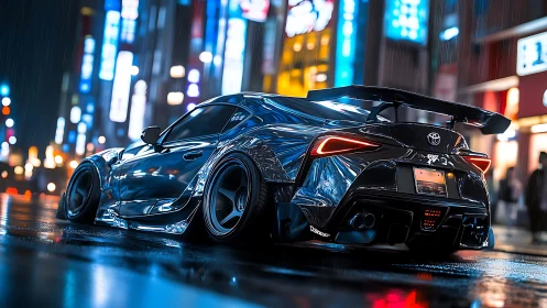 Neon soaked Toyota Supra prowls through electric night rain.