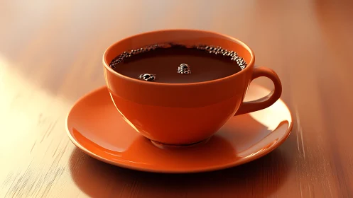 High-gloss orange ceramic coffee cup with reflective surface