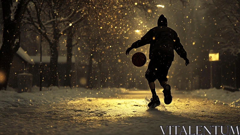 Hooded basketball player dribbles on snowy night street.