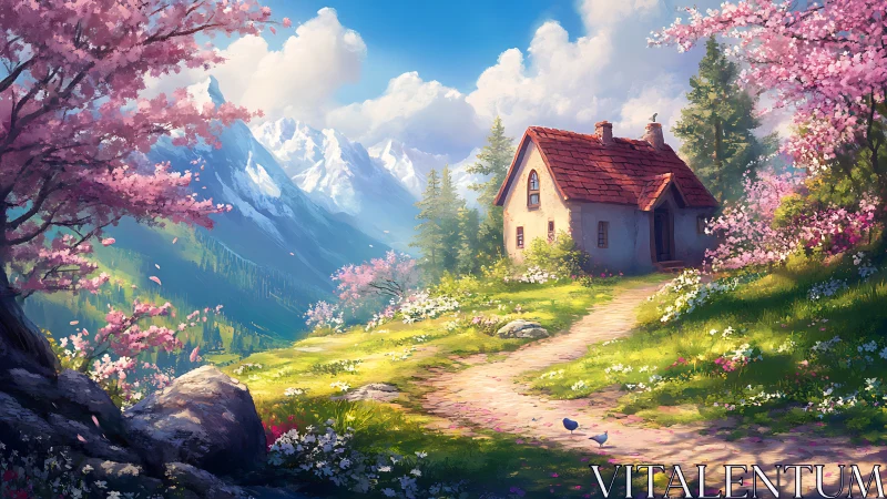 Spring cottage glows beneath towering alpine peaks at dawn.