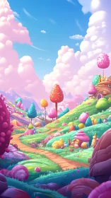 Candy Land Valley with Lollipop Trees and Pink Clouds.