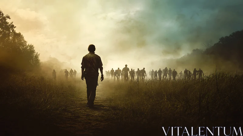 Lone survivor confronts advancing horde at burning horizon.