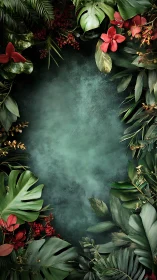 Lush tropical foliage frame with central teal background.