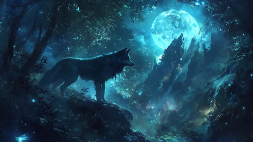 Lone spectral wolf surveys glowing forest under full moon