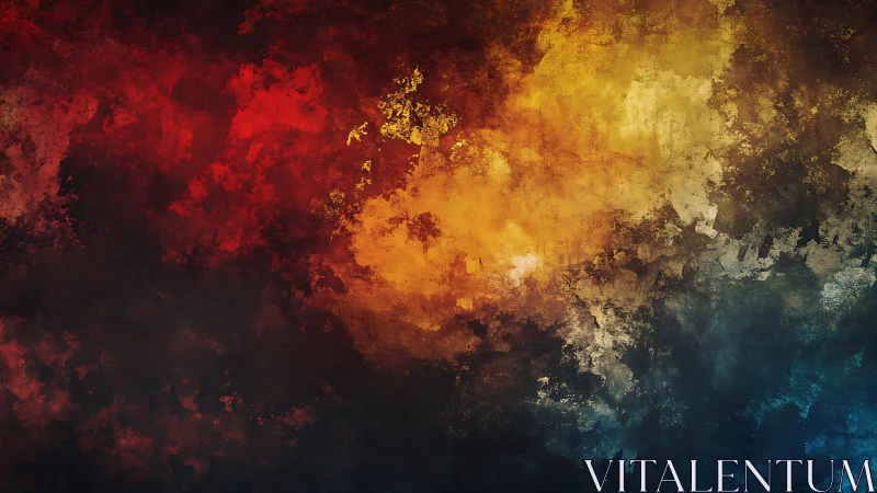 Abstract colorful textured painting with vivid red, yellow, and blue hues.