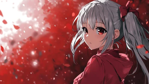 Silver-haired girl in red coat against falling red leaves.