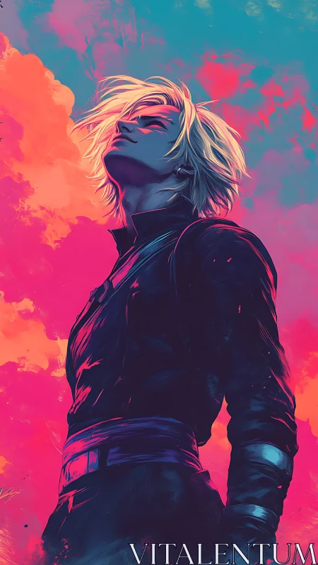 Neon-lit anime hero stands defiant against vaporwave sky