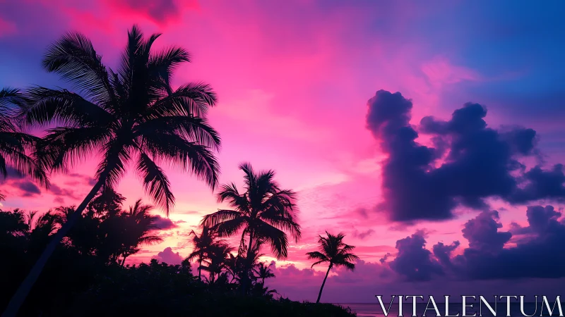 High-saturation tropical coastline sunset with silhouetted palm canopy