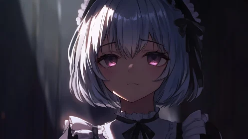 Low-key lit anime maid portrait with melancholic gaze.