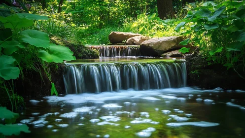Shaded forest stream cascade with mossy rocks and foliage