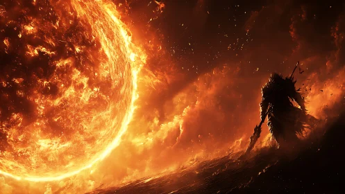 Lone armored warrior strides beneath a colossal burning sun