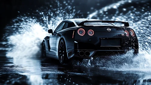 High-performance sports coupe accelerates through dynamic rain