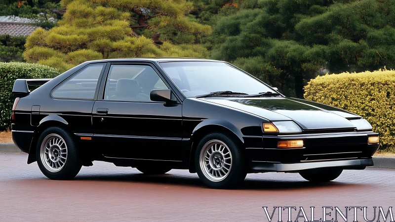 Black 1980s hatchback coupe in landscaped outdoor showcase.