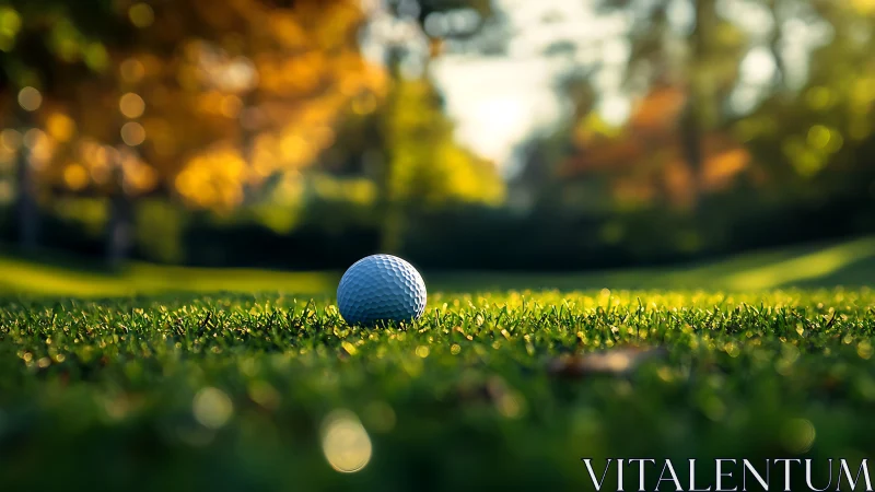 Golden-hour golf ball waits quietly on a sunlit green