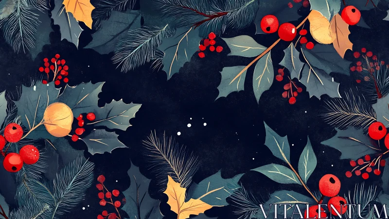 Winter holly branches frame deep midnight navy background.